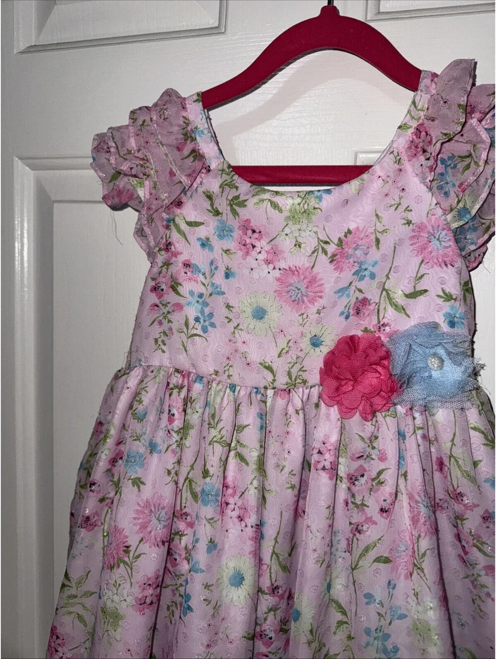 Laura Ashley London Dress Size 6 Girls Pink Bow and Ruffle Floral Spring Easter